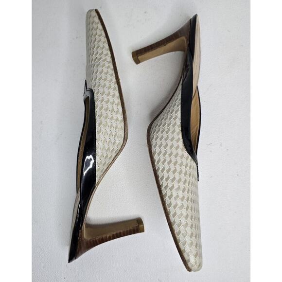 Sesto Meucci Mules Beige White Checkered Print Leather Slip On Heels Size 8 - Picture 7 of 11